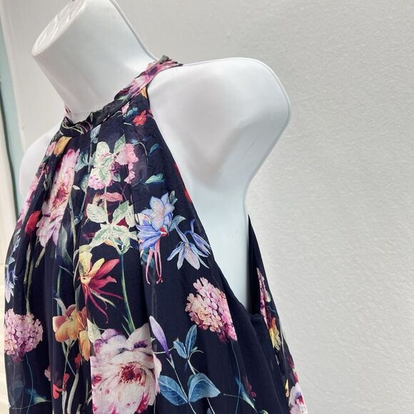 Bellambra Maxi Dress M Made in Italy Silk Blend Navy Blue Floral Halter Lined - Picture 4 of 13